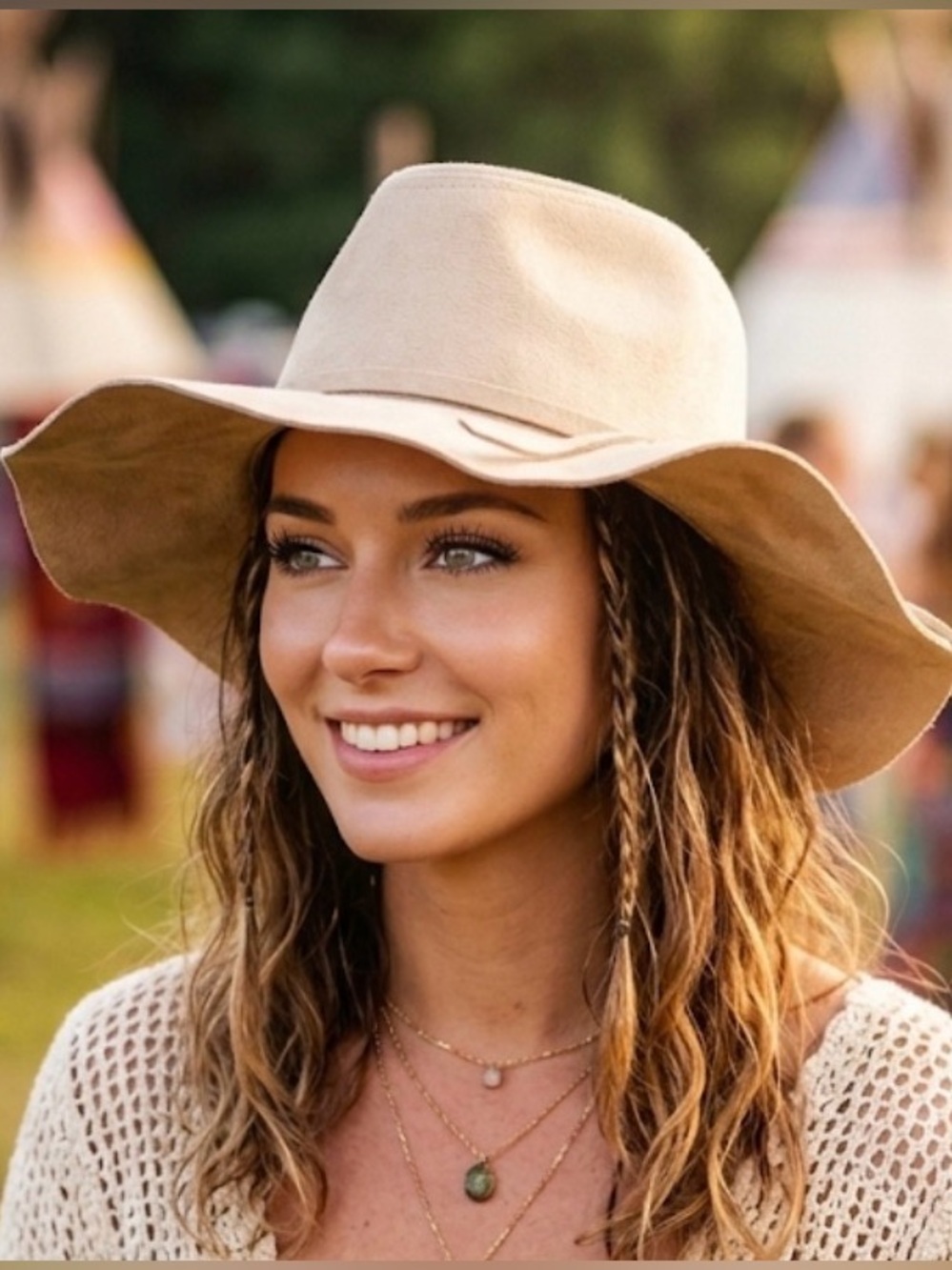 Peter Grimm Tan Poly‎ Suede Wide Brim Hat One Size Festival Boho